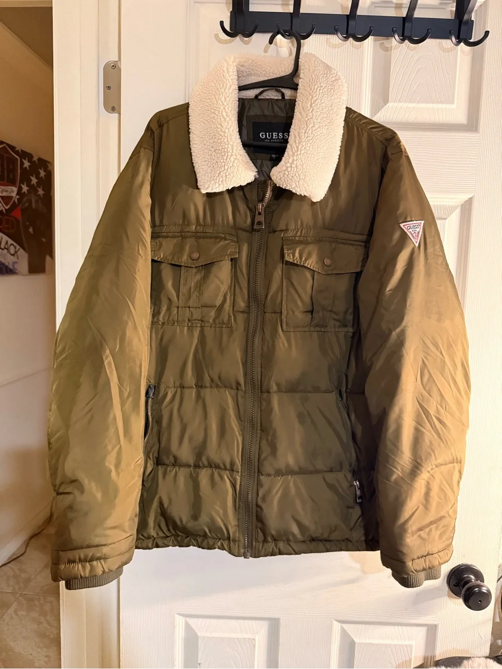 GUESS Olive Green Puffer Jacket with Cream Sherpa Collar